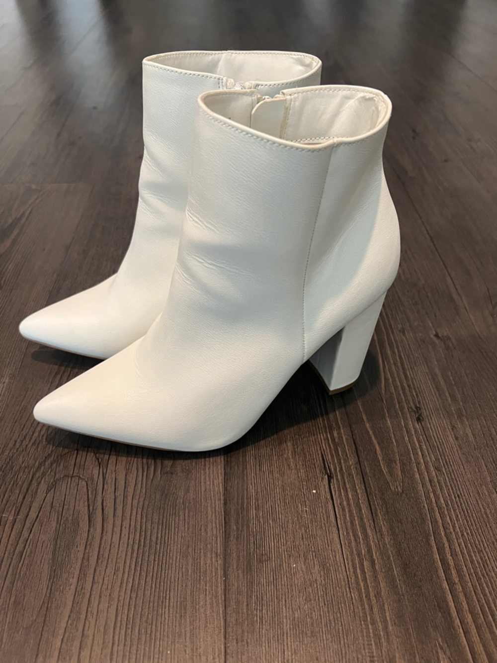 BAMBOO White Pointed Toe Block Heel Ankle Boots